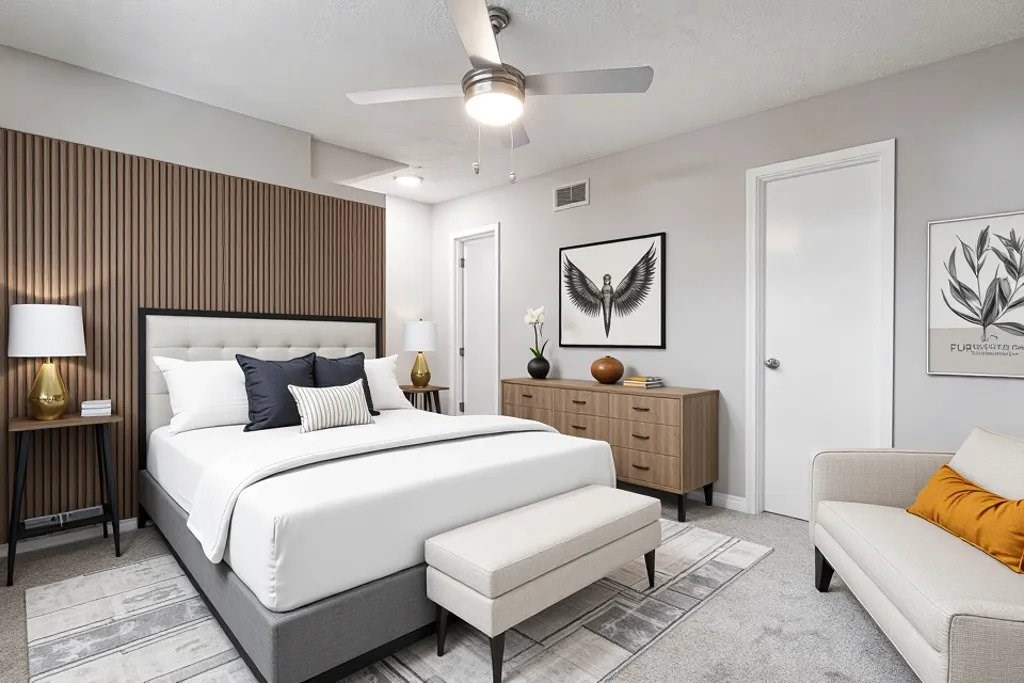 A bedroom with a large bed, a couch, and a ceiling fan.