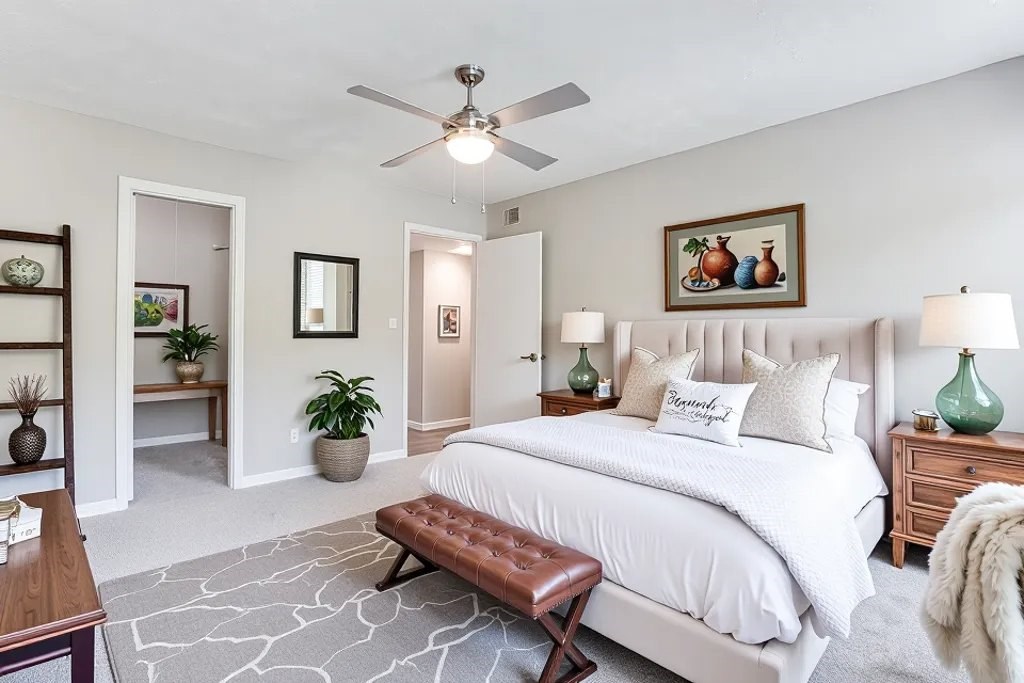 A bedroom with a large bed, a bench, and a ceiling fan.