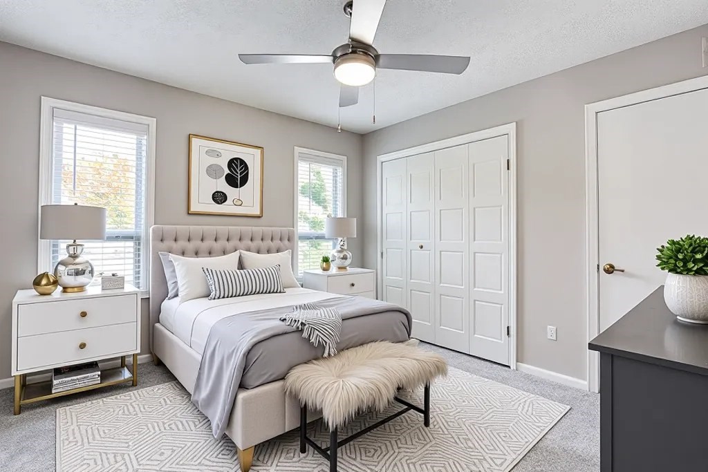 A bedroom with a bed, nightstand, and a bench.