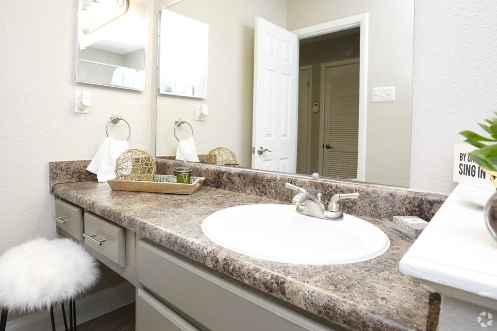 a bathroom with a sink and a mirror