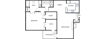 A floor plan of a house with a living room, dining area, kitchen, and bathroom.