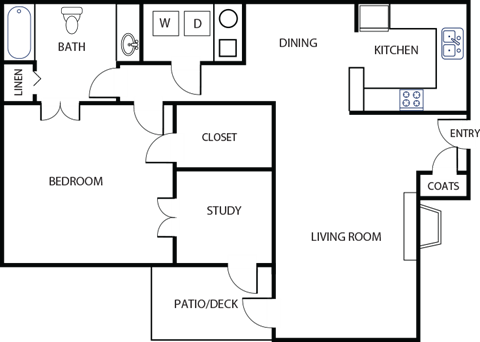 A floor plan of a house with a living room, dining area, kitchen, and bathroom.