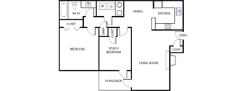 A floor plan of a house with a living room, dining room, kitchen, two bedrooms, a bathroom, a study/bedroom, a closet, a patio/deck, and an entry with coats.