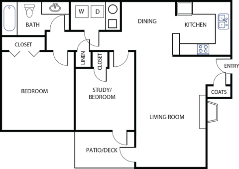 A floor plan of a house with a living room, dining room, kitchen, two bedrooms, a bathroom, a study/bedroom, a closet, a patio/deck, and an entry with coats.