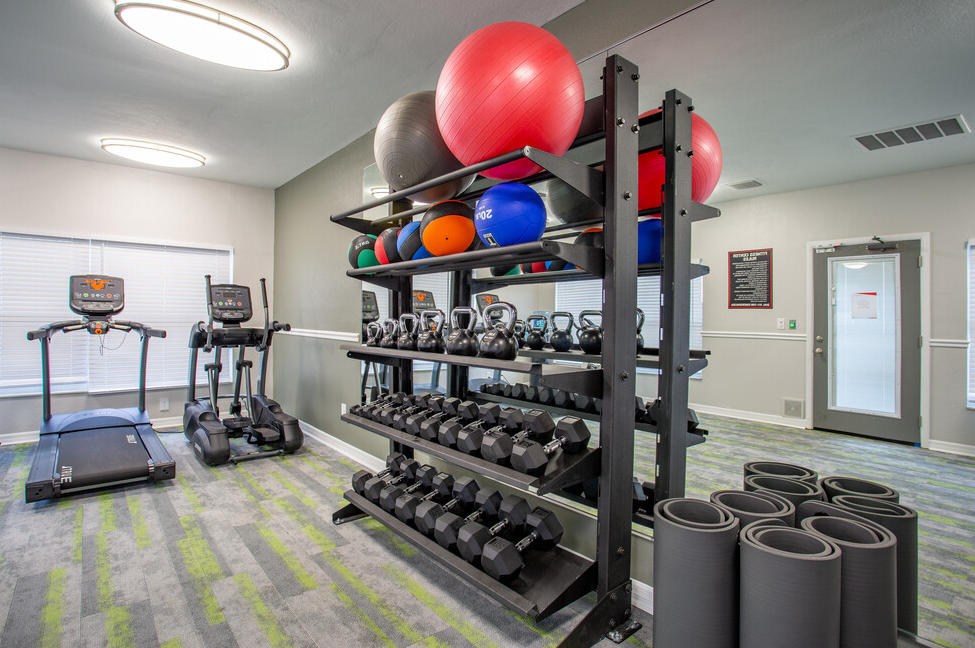 The fitness area of the complex, fitted with several fitness machines, padded flooring, and high ceiling