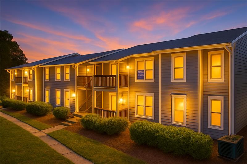 A building with a balcony and lights on.