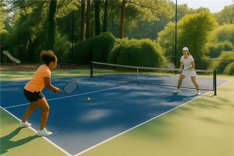 Two people playing tennis on a court.