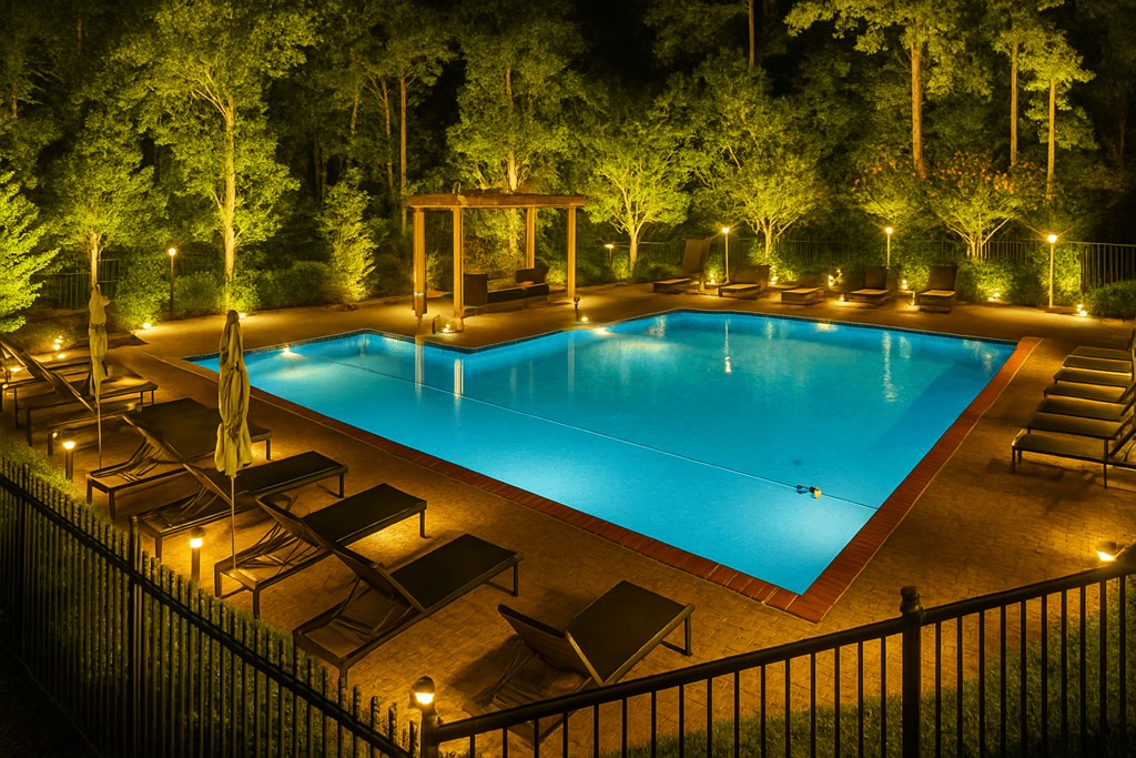 A pool surrounded by trees and lights at night.