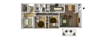 A floor plan of a house with a kitchen, living room, and two bedrooms.