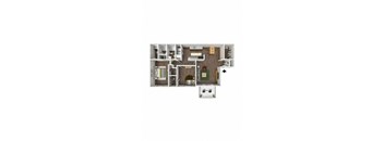 A floor plan of a house with a kitchen, living room, and two bedrooms.