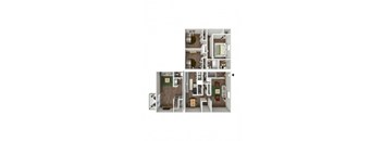 A floor plan of a house with a living room, kitchen, and two bedrooms.