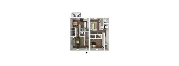 A floor plan of a small apartment with a kitchen, living room, and bathroom.