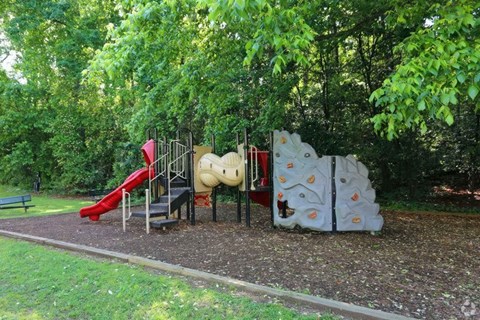A playground with a slide, a climbing wall, and a seesaw.