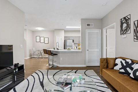 A living room with a brown couch and a black and white rug.