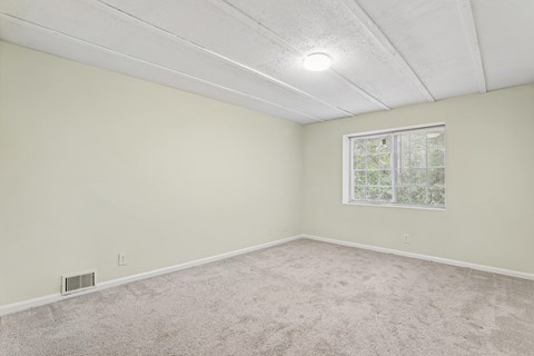 A room with a window and a carpeted floor.