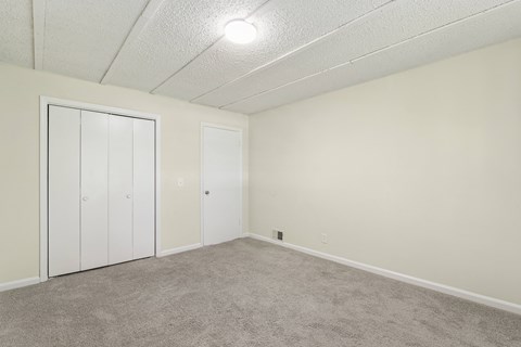 A room with a carpeted floor and two white doors.