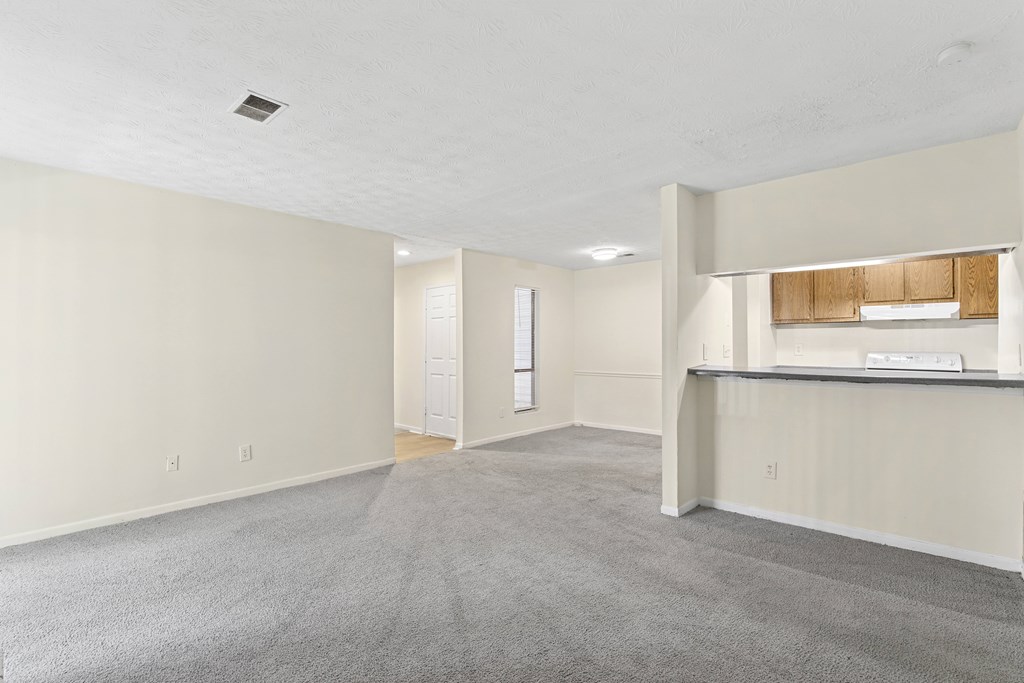 A spacious living room with a carpeted floor and a kitchenette in the corner.