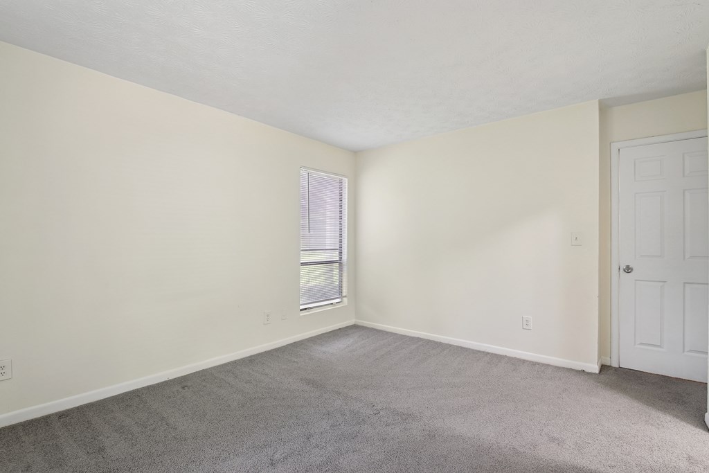 A room with a carpeted floor, a window with blinds, and a white door.