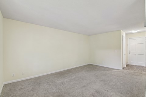 A room with a carpeted floor and a white door.