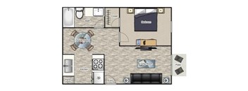 A floor plan of a house with a living room, dining room, kitchen, pantry, bathroom, and bedroom.