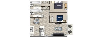 A floor plan of a house with a living room, dining room, kitchen, pantry, two bedrooms, two bathrooms, and a patio.