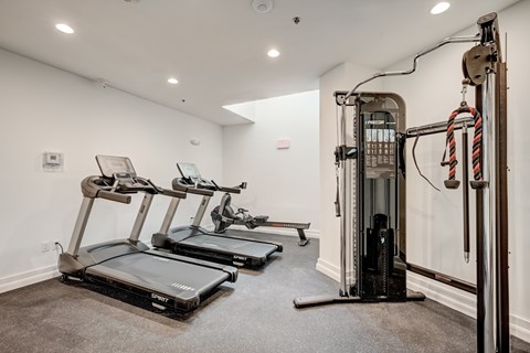 A gym with treadmills and a weight machine.