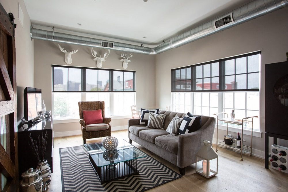 a living room with a couch and a coffee table
