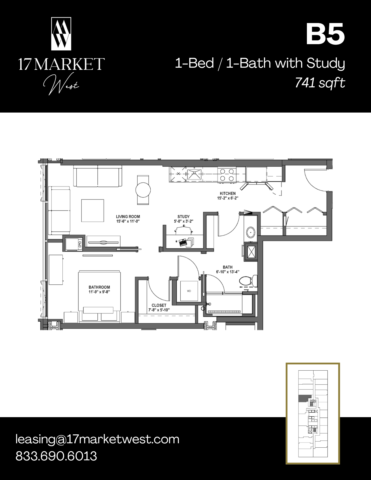A floor plan for a 1-bedroom apartment with a study at 17 Market West.