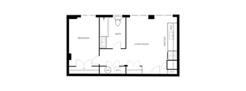 A black and white image of a floor plan for a small apartment.