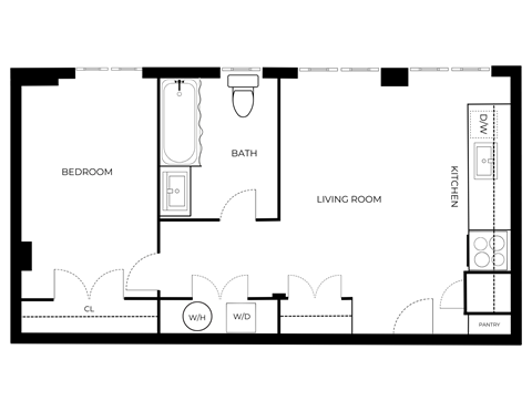 A black and white image of a floor plan for a small apartment.