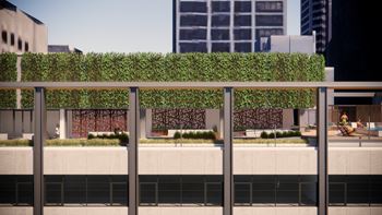 A green hedge runs along the top of a balcony.