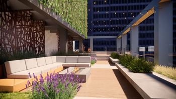 A modern outdoor seating area with wooden benches and purple flowers.