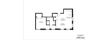 A floor plan of a one bedroom apartment with a kitchen and living room.