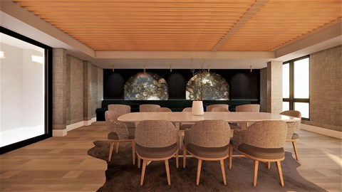 A modern dining room with a large table and chairs.