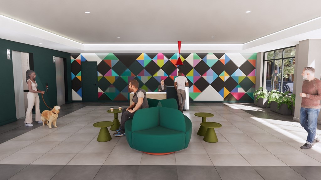 An artist's rendering of the LVL West lobby, featuring colorful walls with a geometric pattern, and a teal green couch with end tables for residents to relax. The photo shows residents relaxing on the sofa, walking through the lobby with a dog, and getting assistance at the front desk with all of their resident needs.