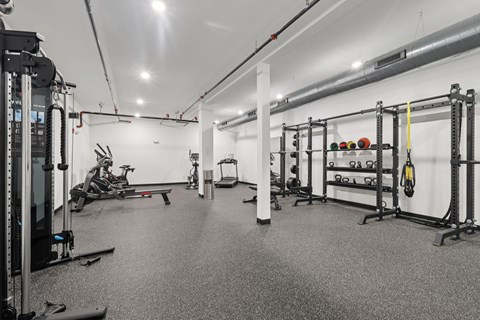 A gym with a variety of equipment including a bench, weights, and a barbell.