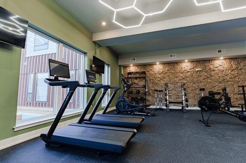 A gym with treadmills, weights, and exercise equipment  at The Hawthorn, Pennsylvania, 19131
