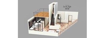A 3D rendering of a modern apartment layout.