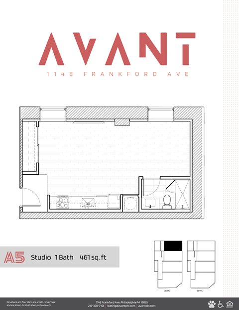A floor plan for a studio apartment at 1148 Frankford Ave.
