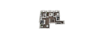A 3D floor plan of a house with multiple rooms and furniture.