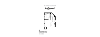 A black and white image of a floor plan for an apartment at Fairman's Garret.