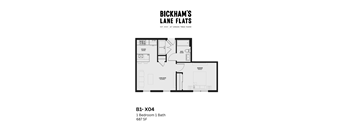 A floor plan for a 1 bedroom 1 bath apartment at Bickham's Lane Flats.