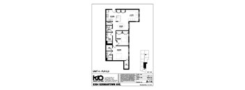 Floor plan for a unit with a kitchen, living room, and bathroom.