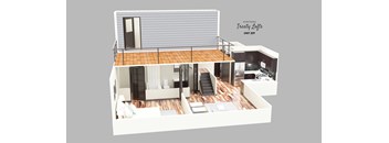 A modern house with a balcony and a deck.