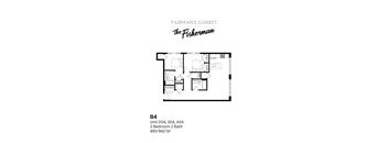A black and white drawing of a floor plan for an apartment at Fairman's Garret.
