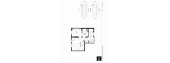 A floor plan of an apartment with two bedrooms and two bathrooms.