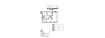 A drawing of a floor plan for a unit at Fairman's Garret the Fisherman.