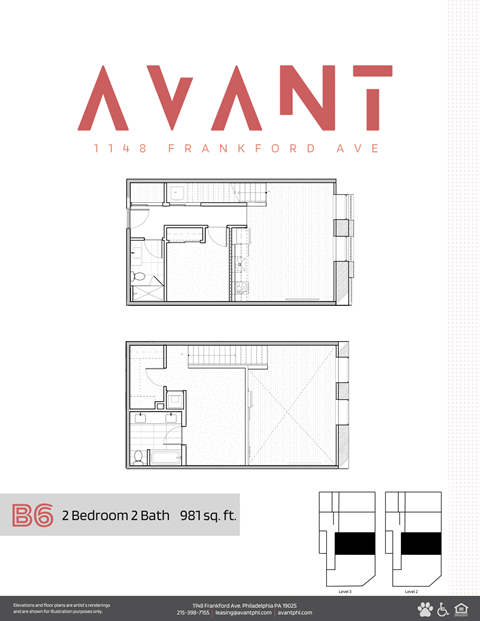 A floor plan for a 2 Bedroom 2 Bath apartment at 1148 Frankford Ave.