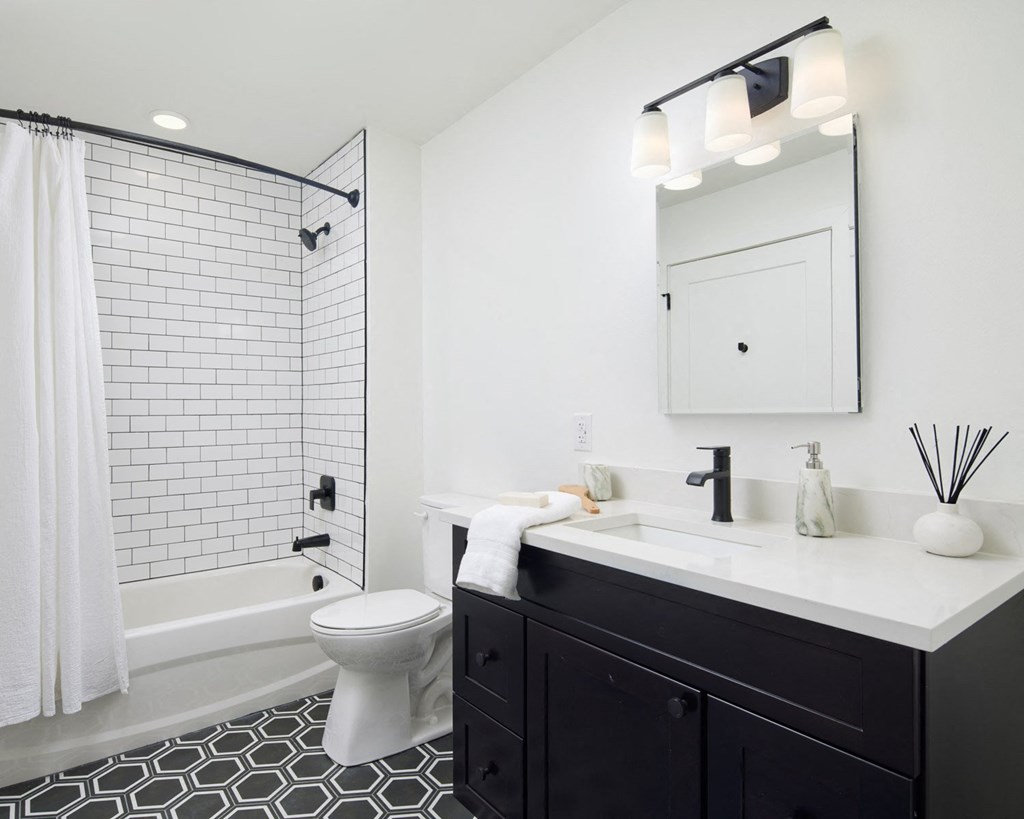 a black and white bathroom with a shower and a sink