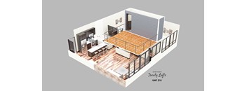 A 3D rendered image of a loft apartment with the text "Northern Treaty Lofts UNIT 210" on the bottom right.